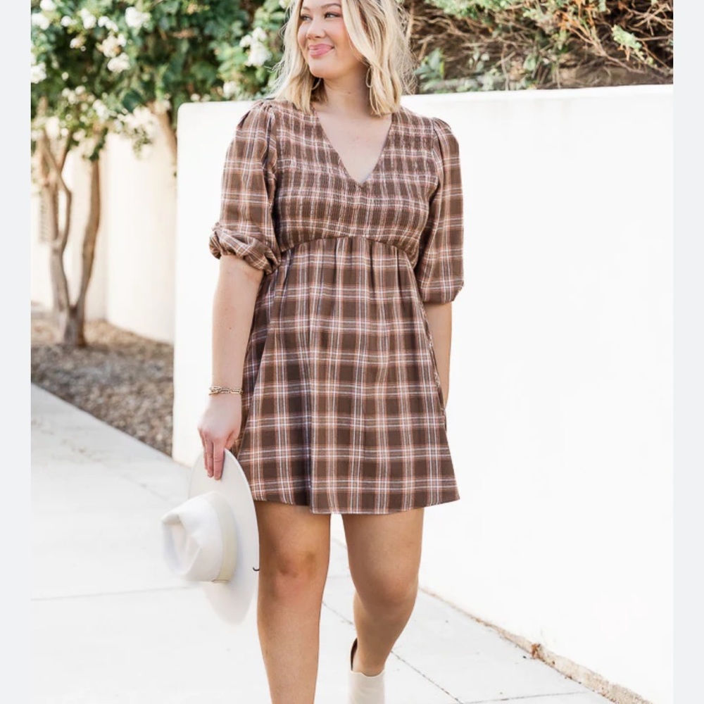 Pink Lily Just A Thought Brown Plaid Smocked Bust Mini Dress Size Small